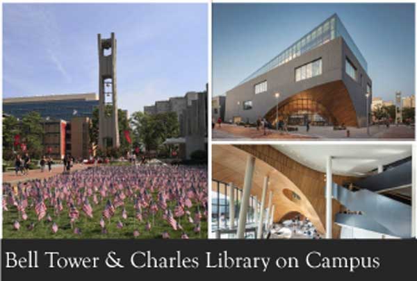 Benni goes USA. - Bell Tower & Charles Library on Campus - Uni Erfurt Temple Exchange